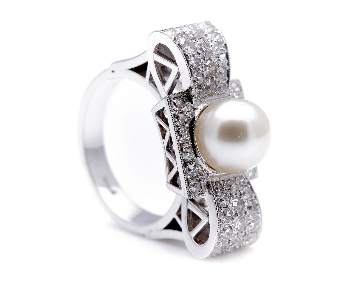 Art Deco, 1930s, 18ct white gold, large pearl and diamond cocktail ring