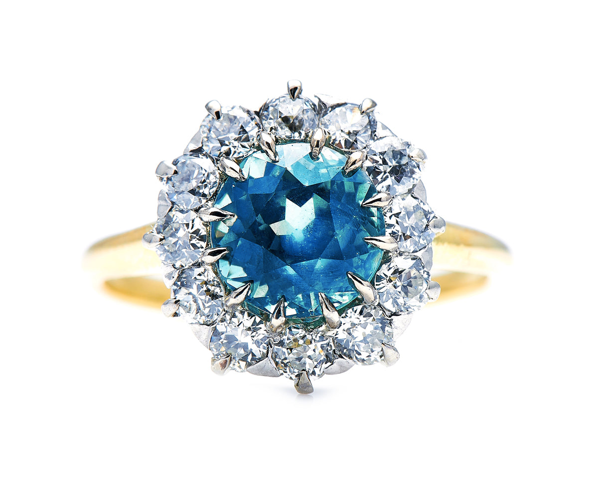 Art Deco, American, rare teal sapphire and diamond cluster ring