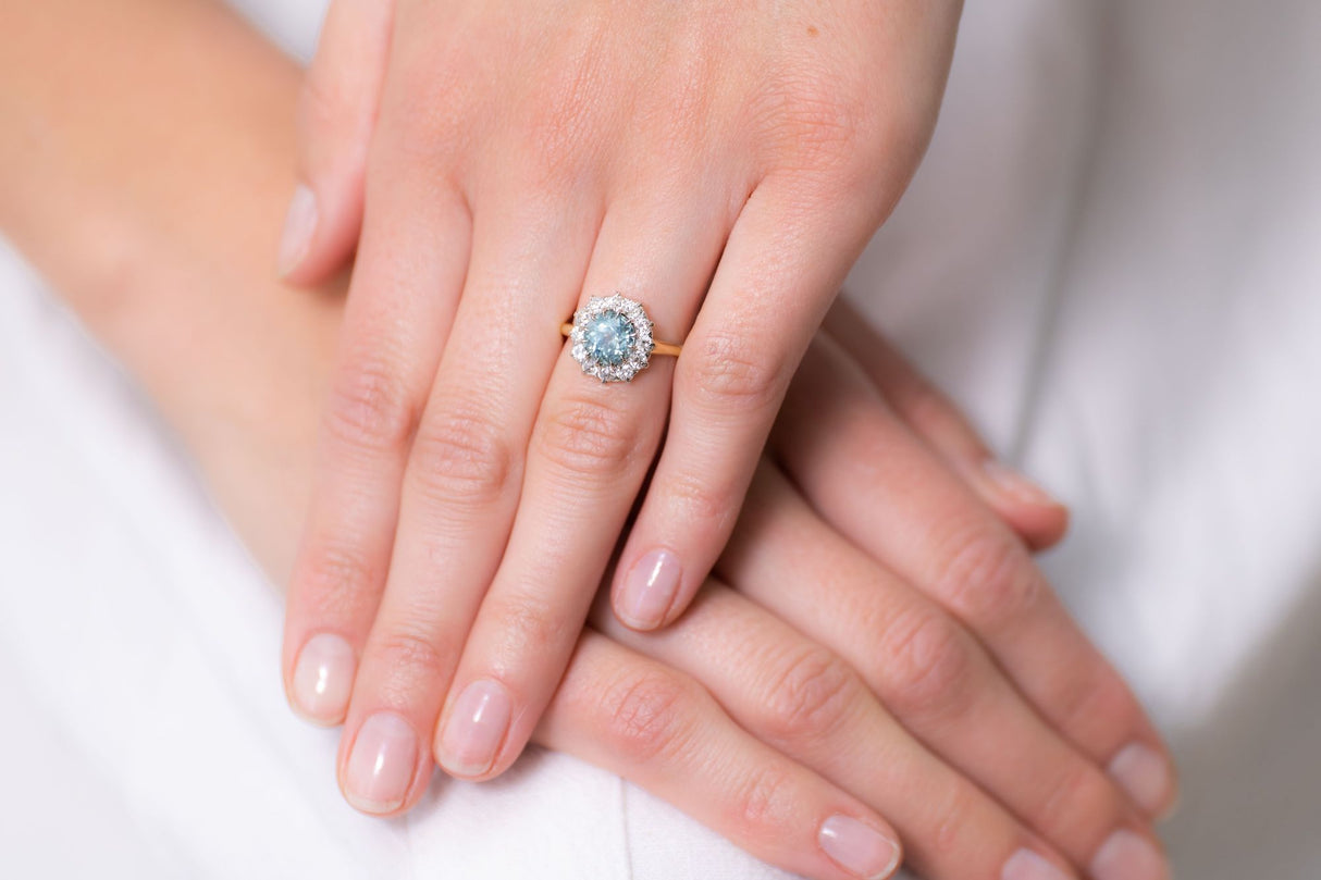 Art Deco, American, rare teal sapphire and diamond cluster ring