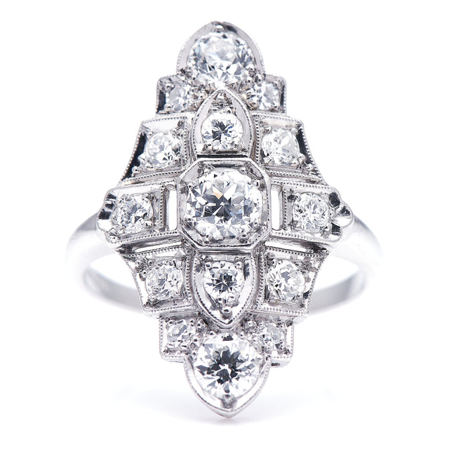 Art-Deco-Platinum-Diamond-Cluster-Ring-Art-Deco-Navette-Boat-Shaped-Vintage