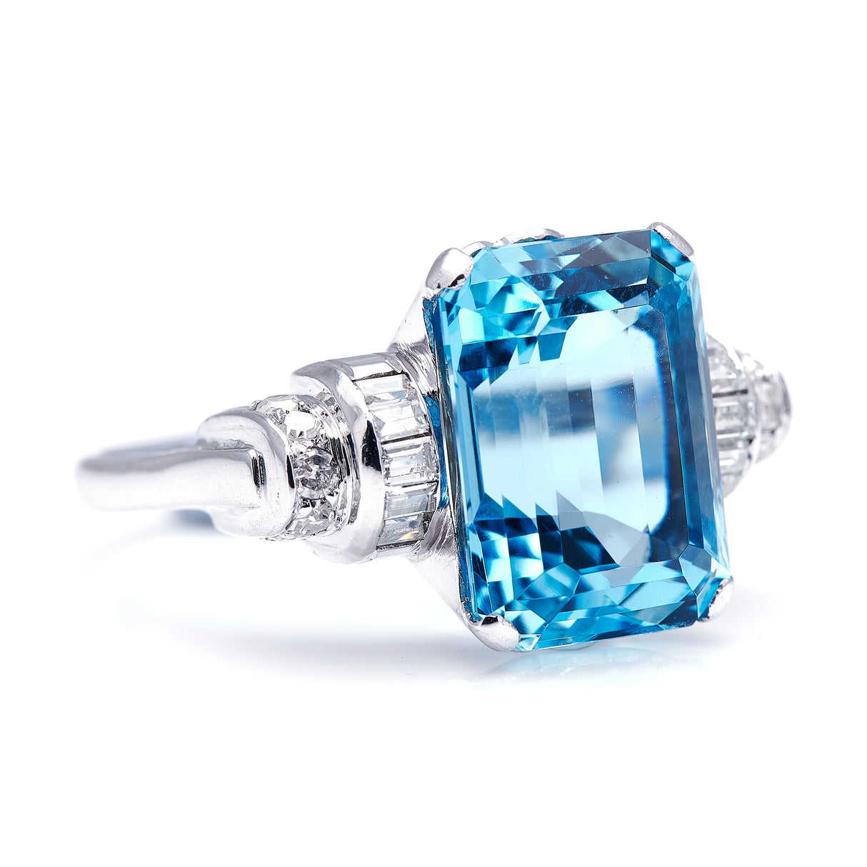 Art Deco, Antique Vintage Platinum, Aquamarine and Diamond Engagement Ring