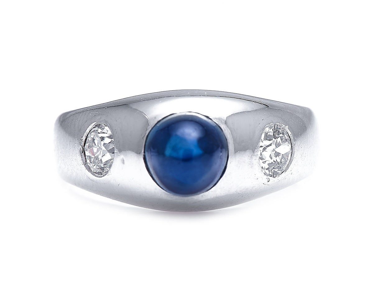 Art-Deco-18-White-Gold-Cabochon-Sapphire-Diamond-Ring-Vintage-Antique-Rub-Over-Setting