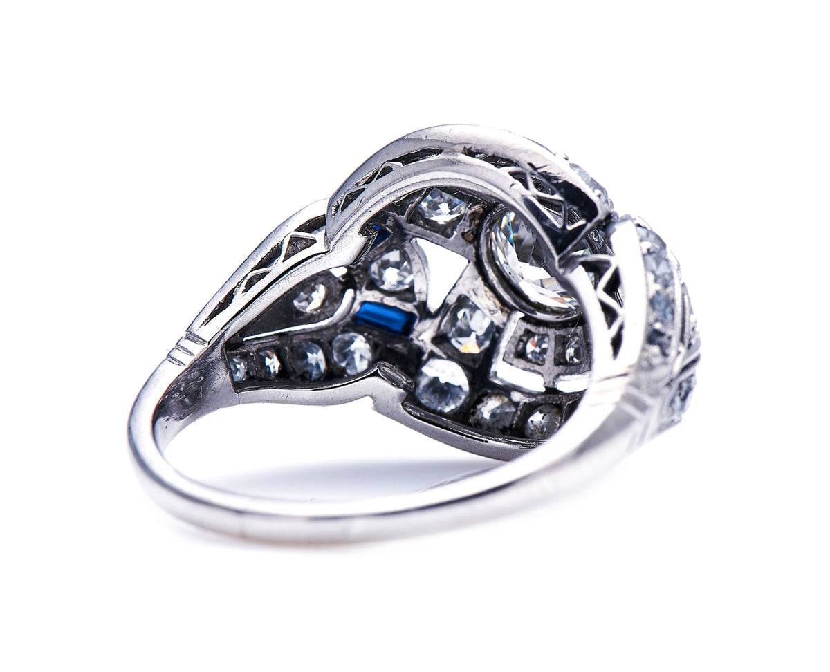 Art Deco, French, platinum, diamond and sapphire bombé ring