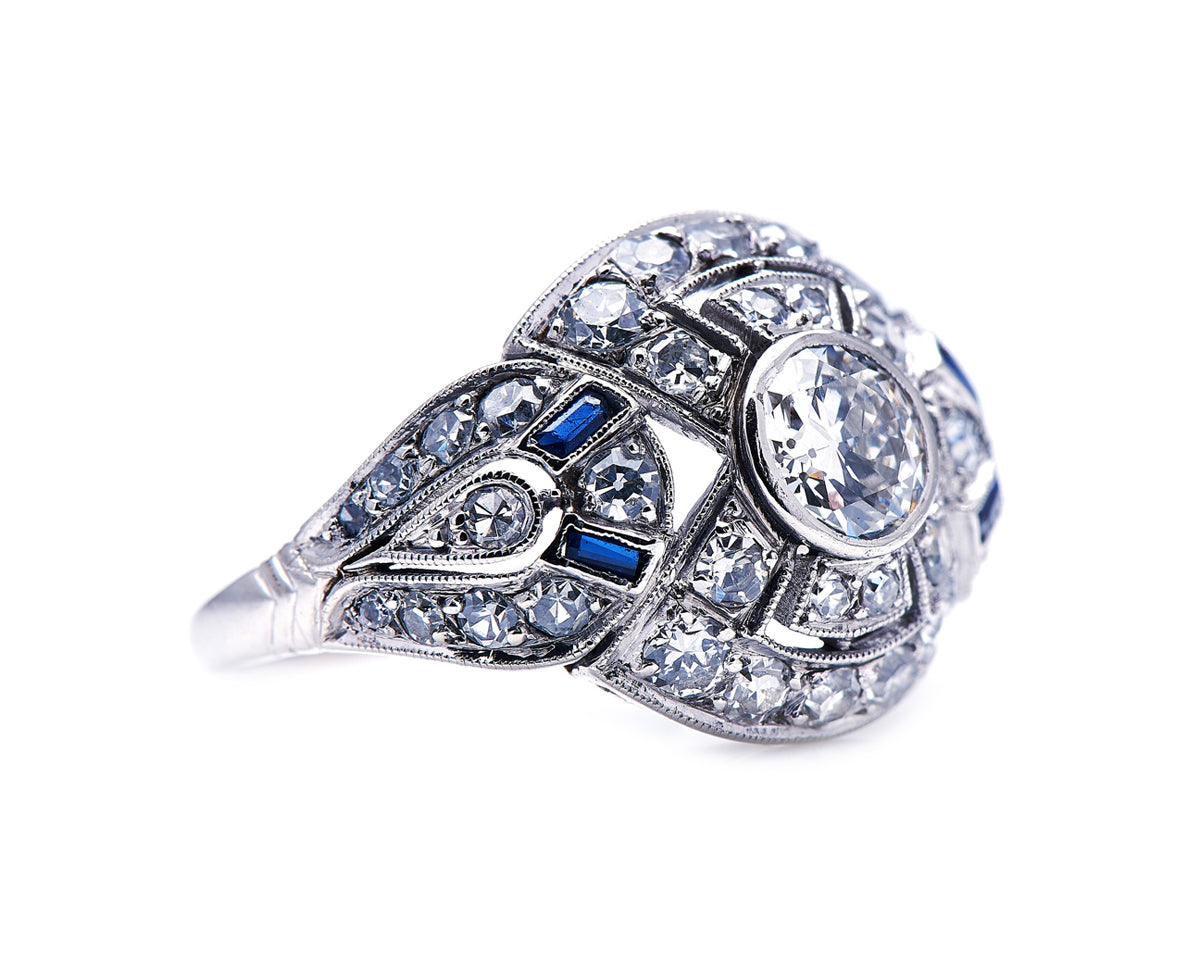 Art Deco, French, platinum, diamond and sapphire bombé ring