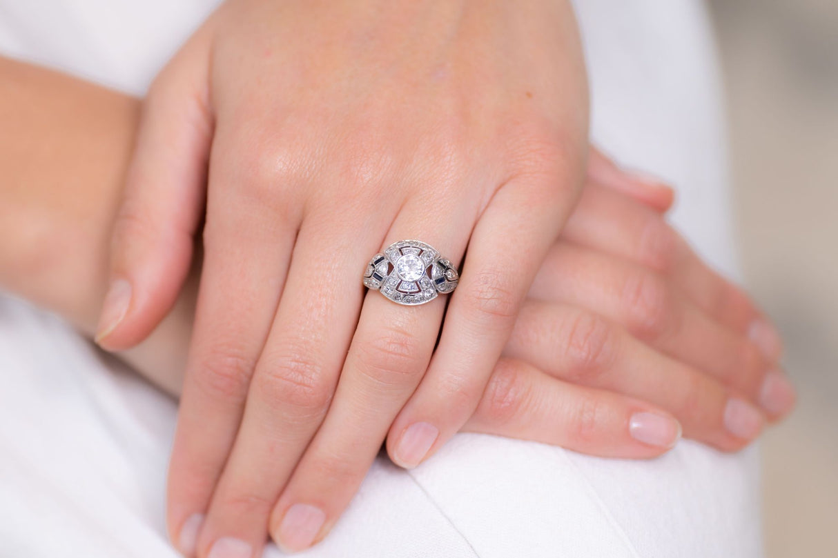 Art Deco, French, platinum, diamond and sapphire bombé ring