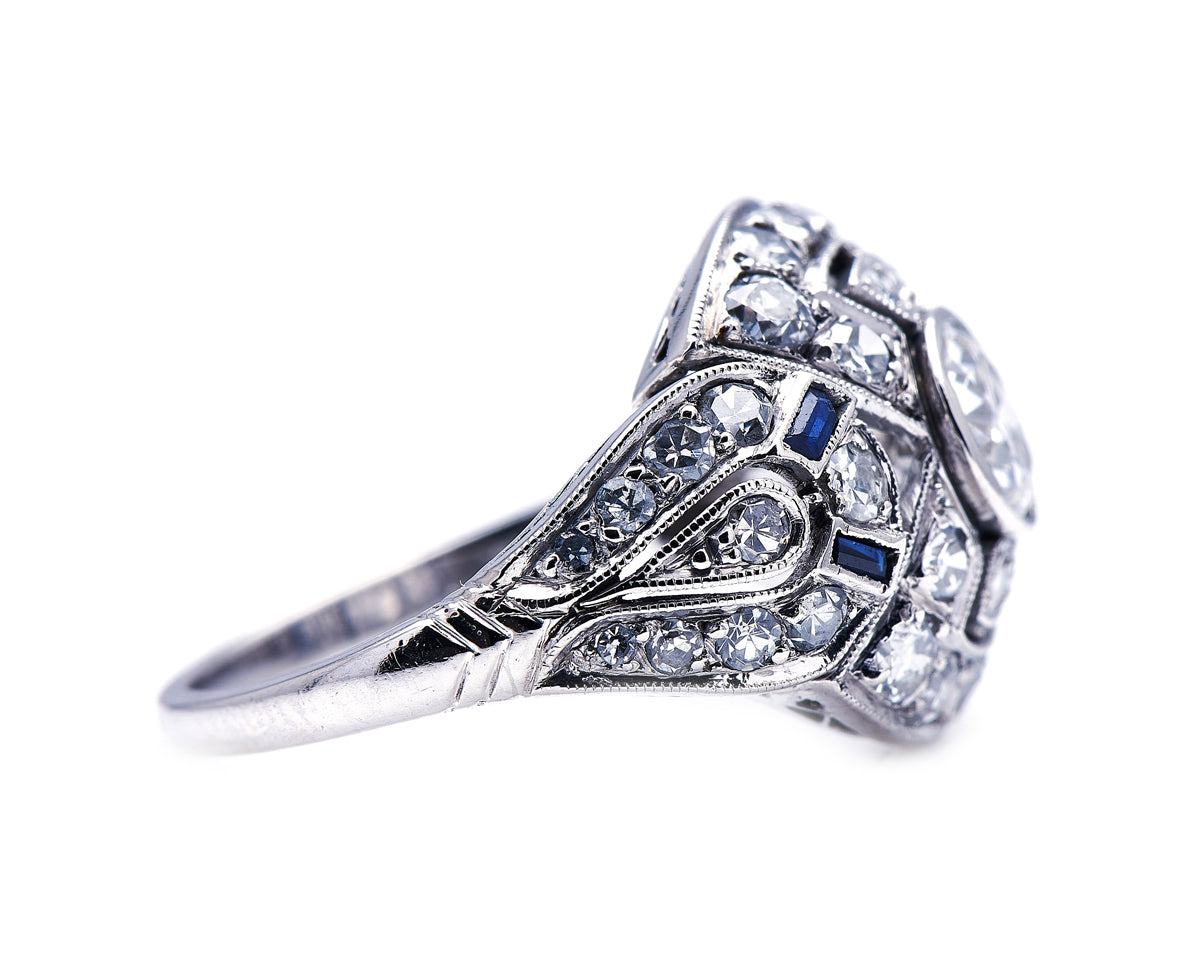Art Deco, French, platinum, diamond and sapphire bombé ring