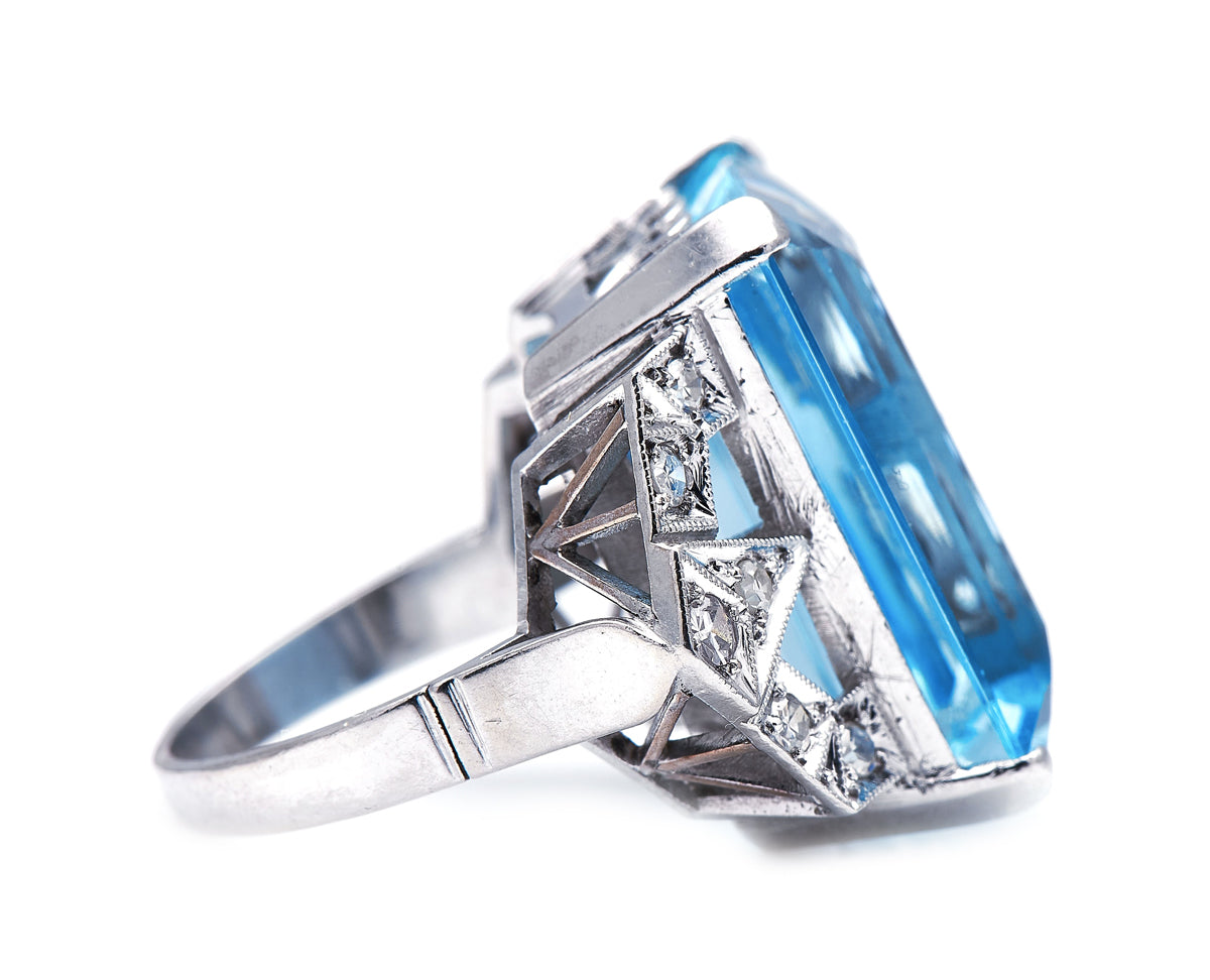 Art Deco, German, 14ct White Gold, Aquamarine and Diamond Ring | Antique Rings | Antique Ring Boutique | Vintage Engagement Rings | Antique Engagement Rings
