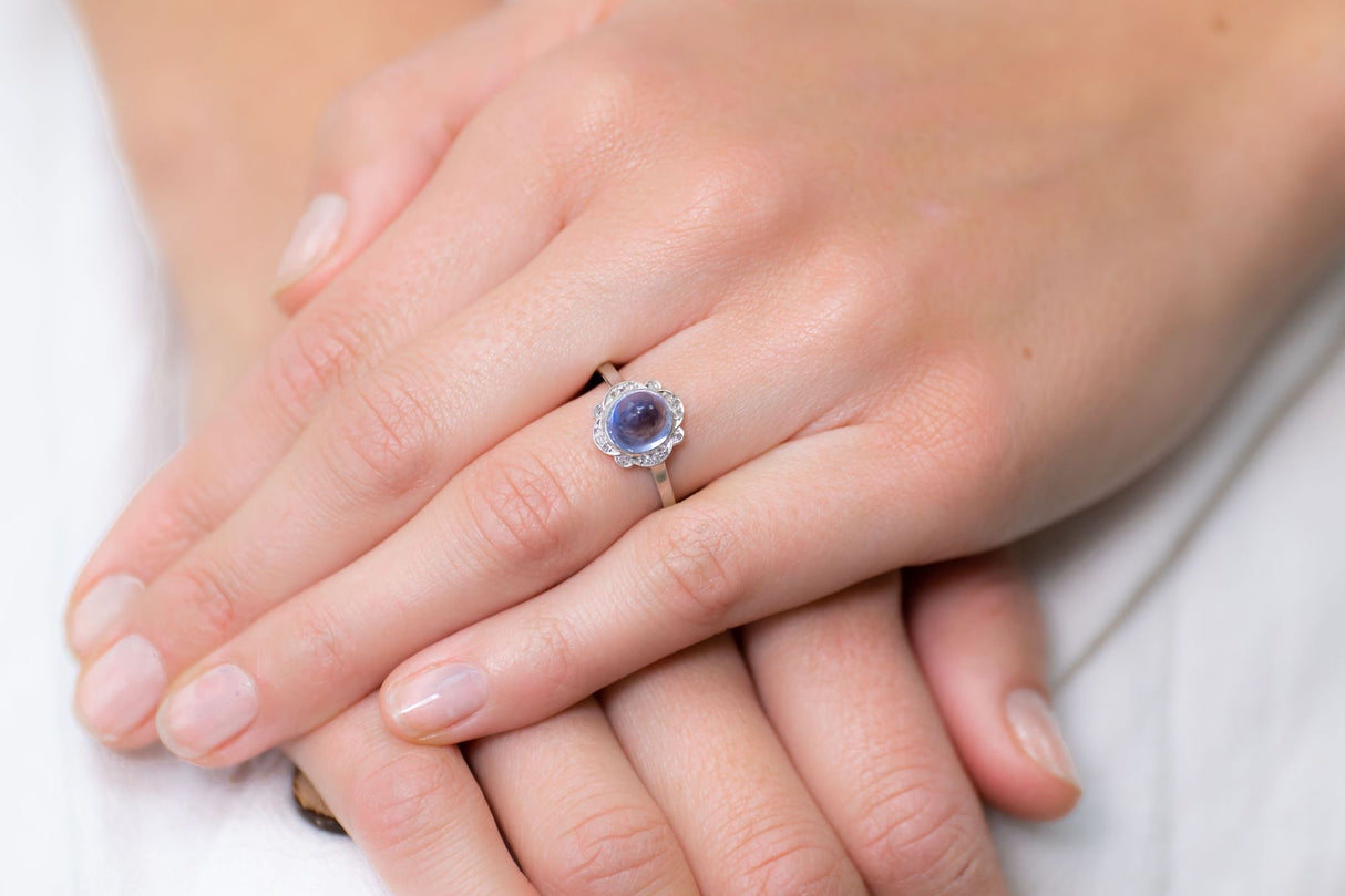 Art Deco, cabochon sri lankan sapphire & diamond ring