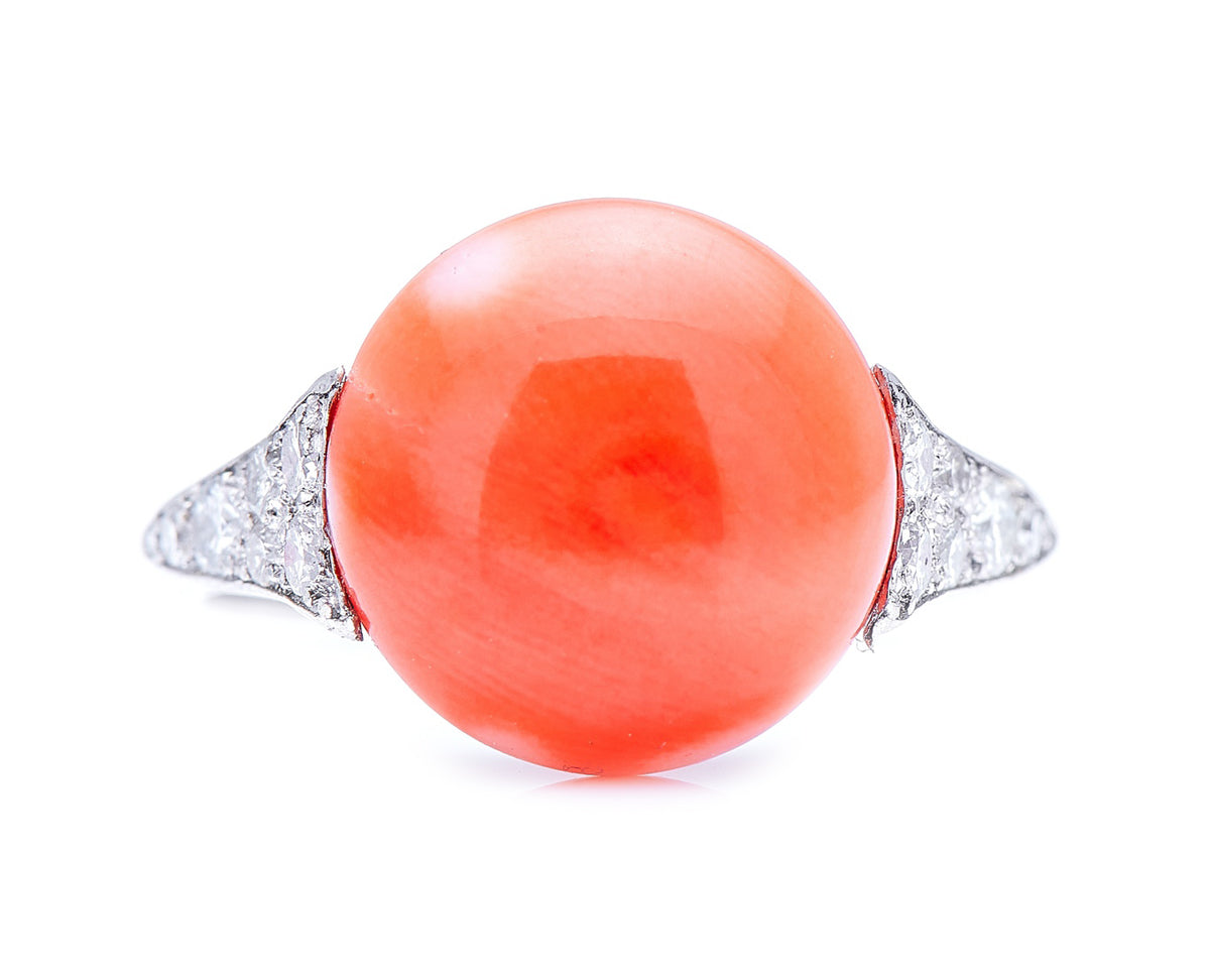 Art Deco, platinum, coral and diamond ring