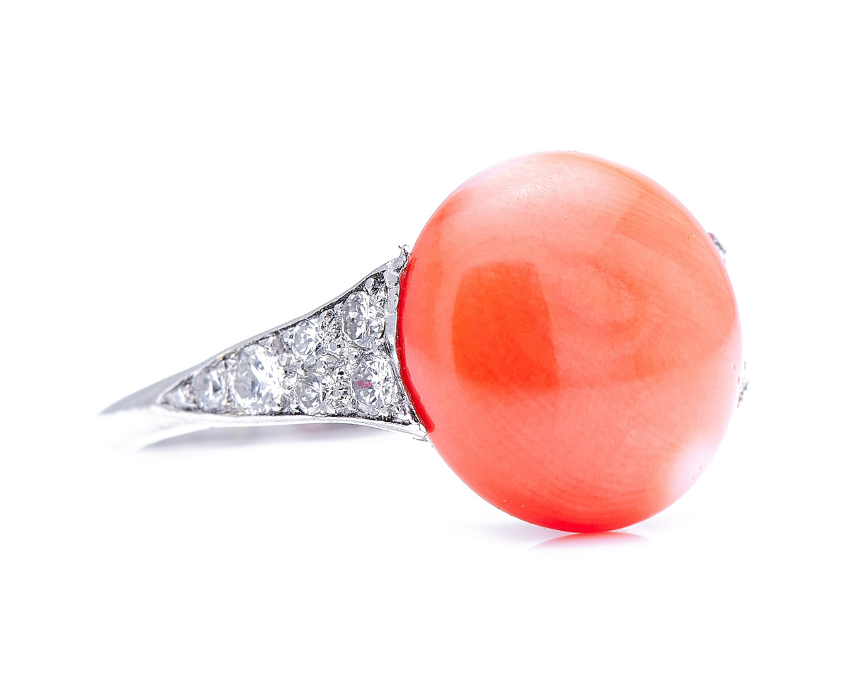 Art Deco, platinum, coral and diamond ring