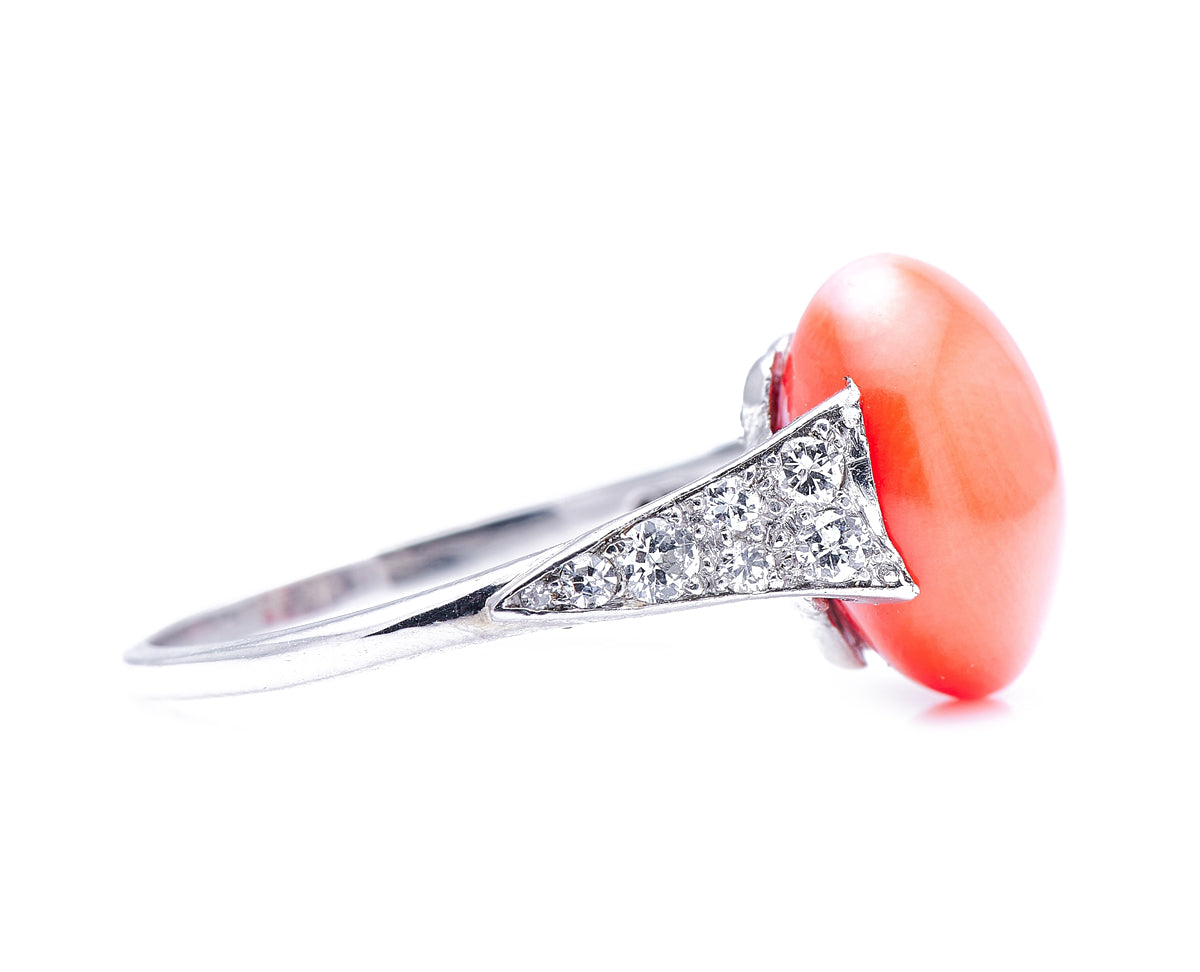 Art Deco, platinum, coral and diamond ring