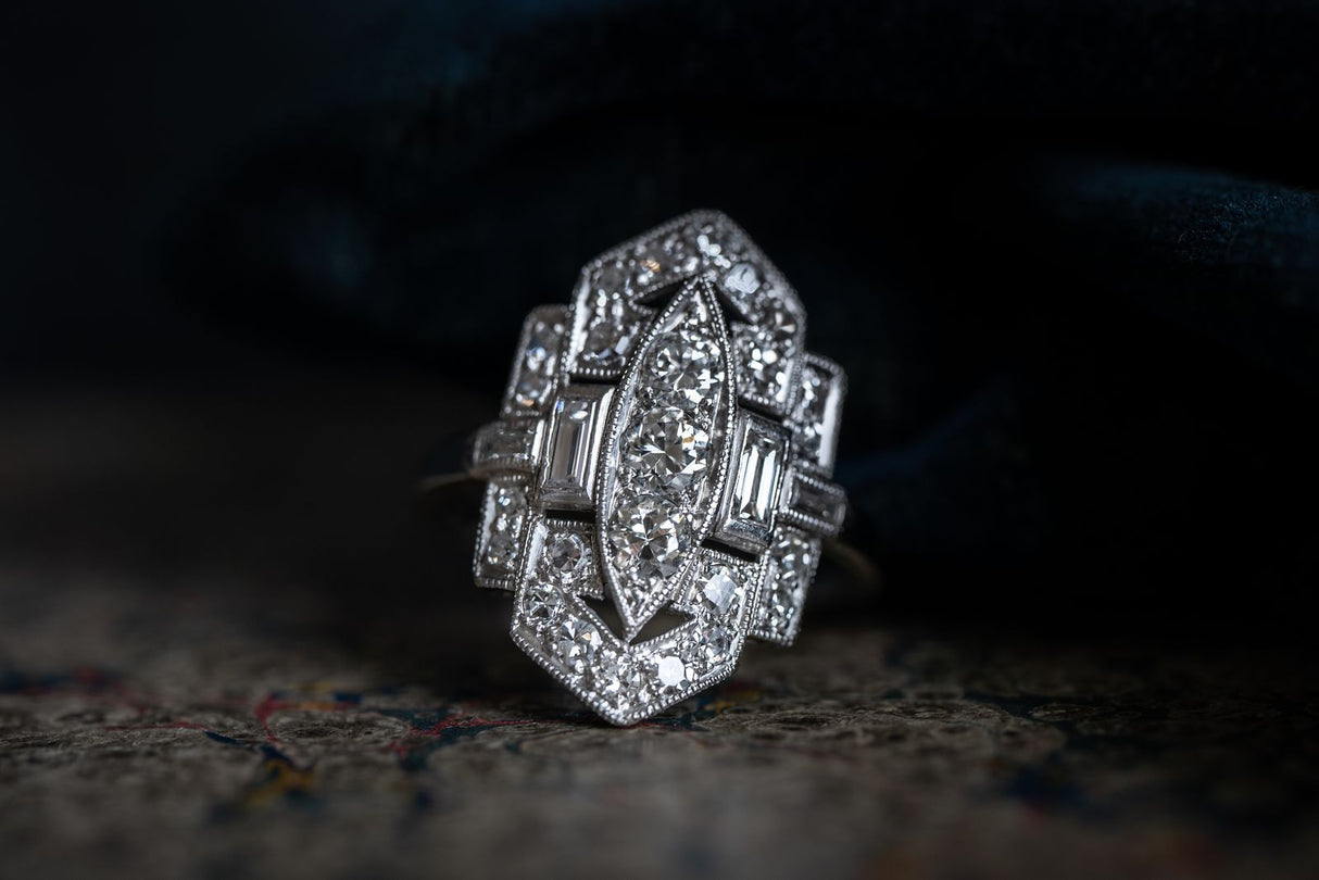 Art Deco, platinum, diamond plaque ring