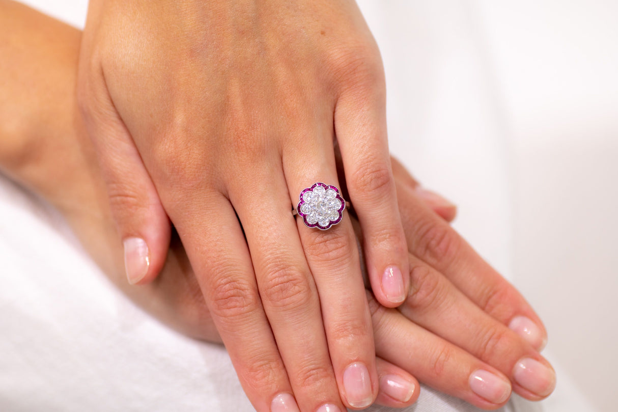 Art Deco, Platinum, Ruby and Diamond Daisy Cluster Ring