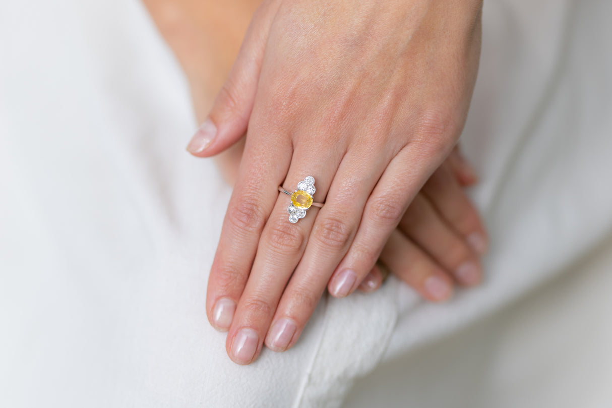 Art Deco, platinum, sri lankan yellow sapphire and diamond ring