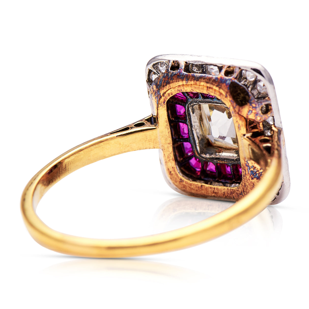 Art Deco Ruby and diamond engagement ring, rear view.