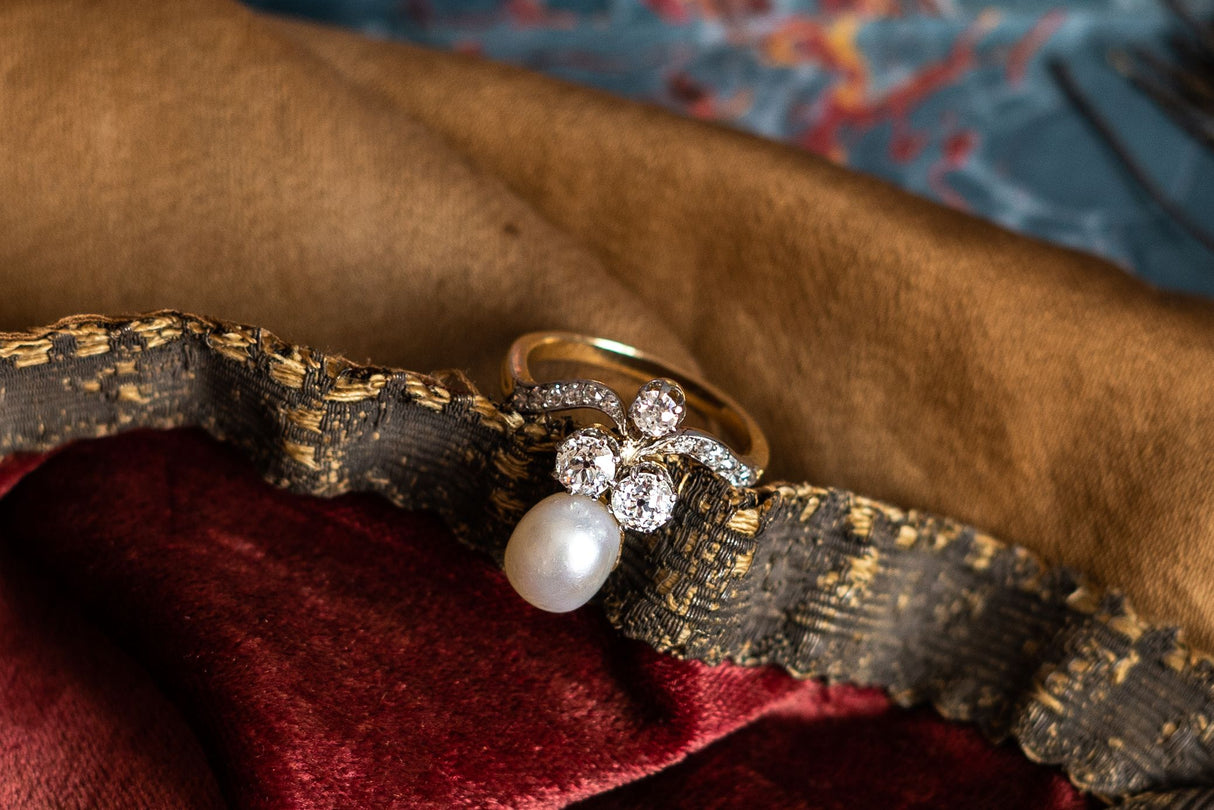 Edwardian, 18ct gold, French, natural pearl and diamond tiara ring