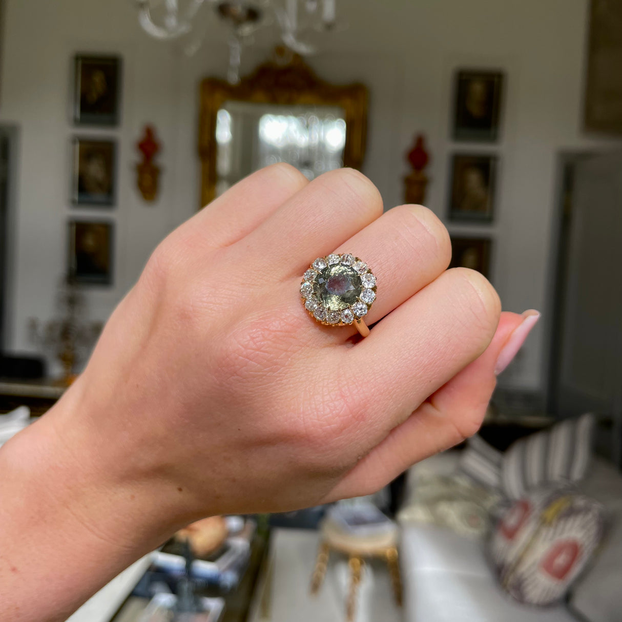 French, Belle Époque 5.06ct green-yellow sapphire and diamond engagement ring