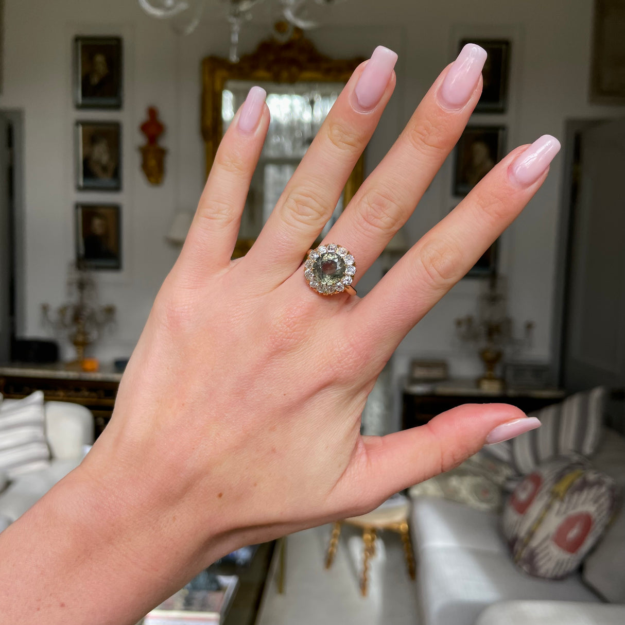 French, Belle Époque 5.06ct green-yellow sapphire and diamond engagement ring