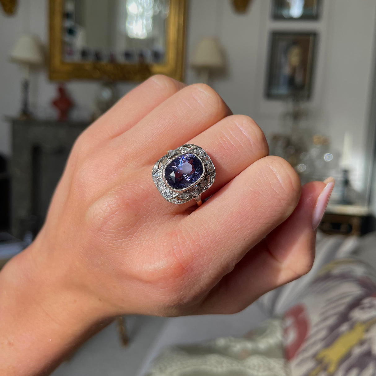 Belle Époque lavender purple spinel and diamond cluster ring, 18ct yellow gold