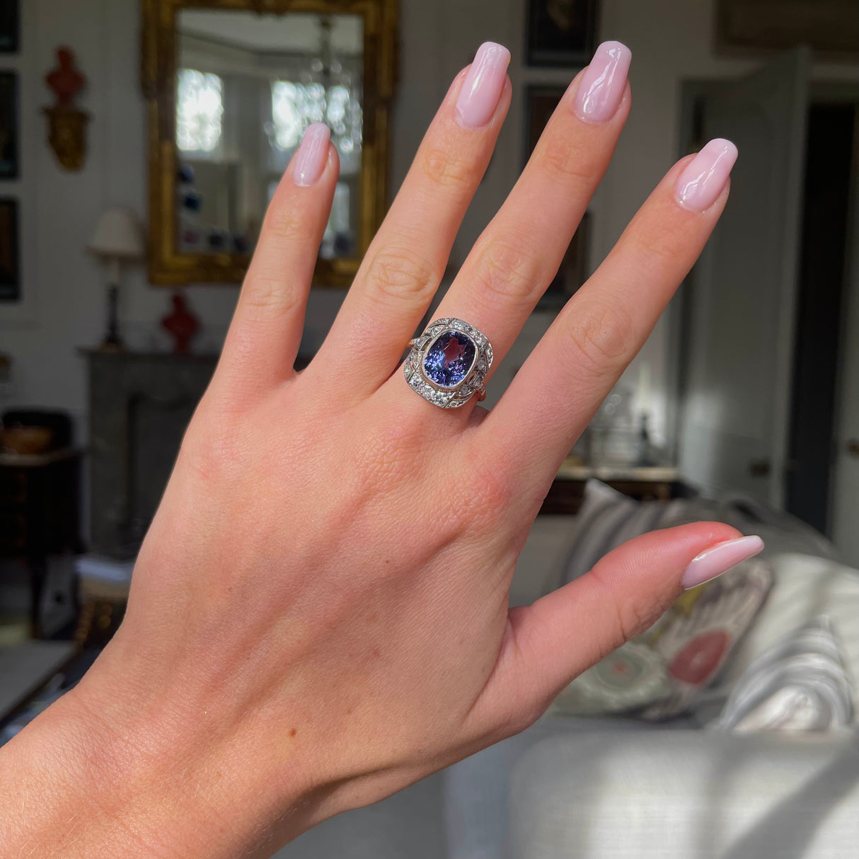 Belle Époque lavender purple spinel and diamond cluster ring, 18ct yellow gold