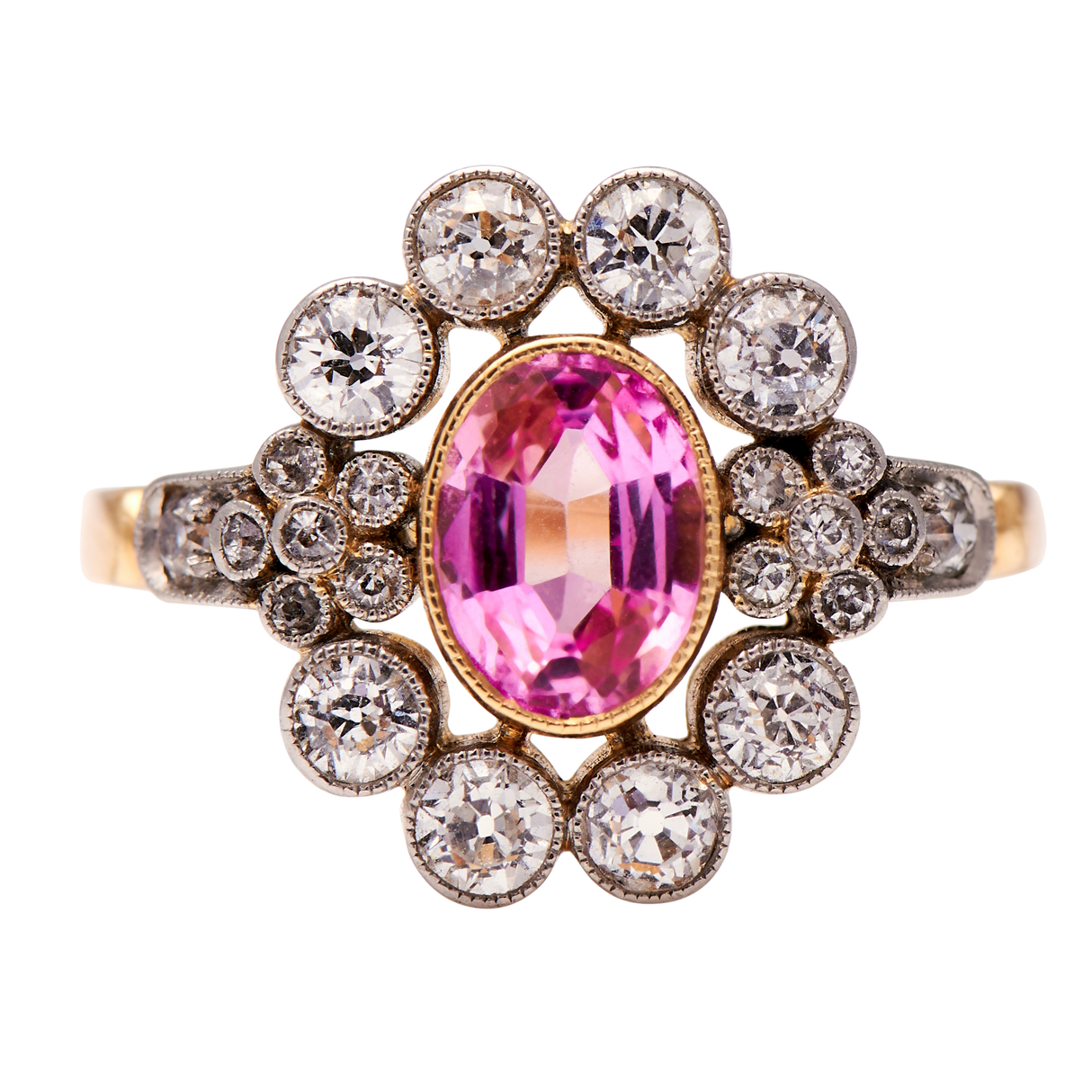 Belle-Époque-Peach-Stone-Diamond-18-Carat-Gold-Cluster-Ring-Vintage