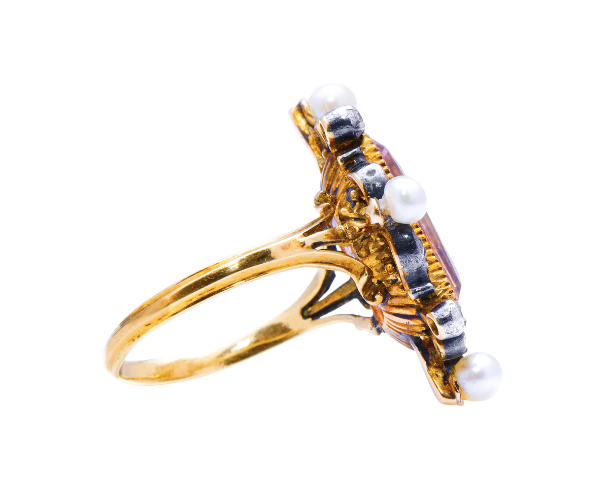 Belle Époque, 18ct gold, pink topaz, pearl and diamond ring
