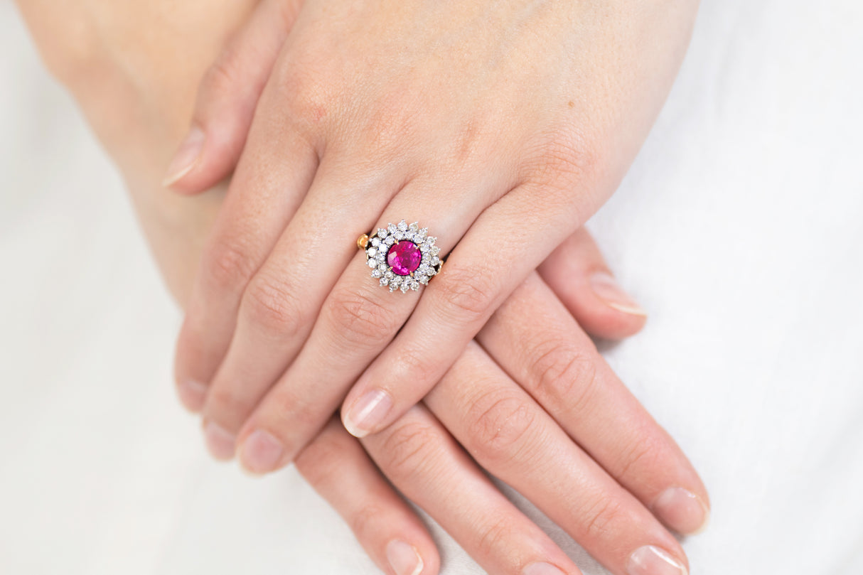Vintage, Burmese pink sapphire and diamond cluster ring