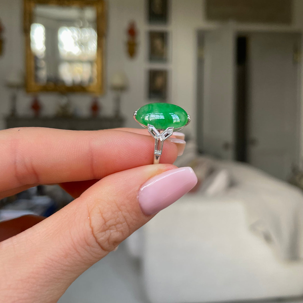 Art Deco | cabochon imperial jade & diamond ring