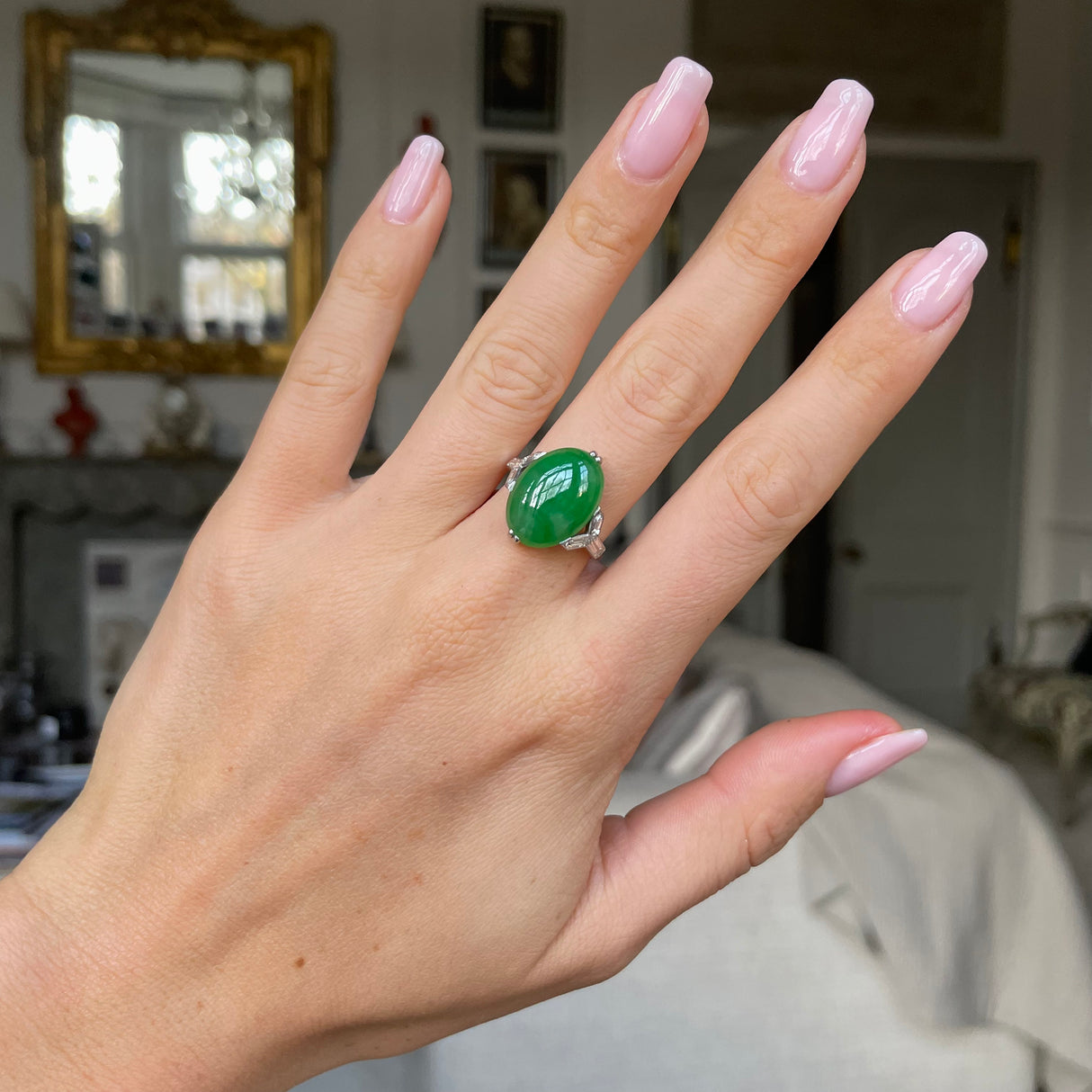 Art Deco | cabochon imperial jade & diamond ring