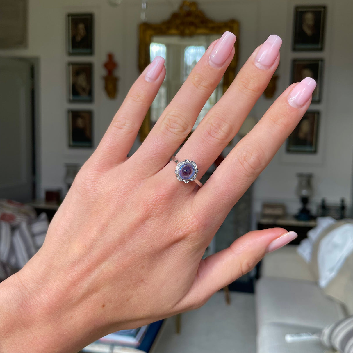 Art Deco, cabochon sri lankan sapphire & diamond ring