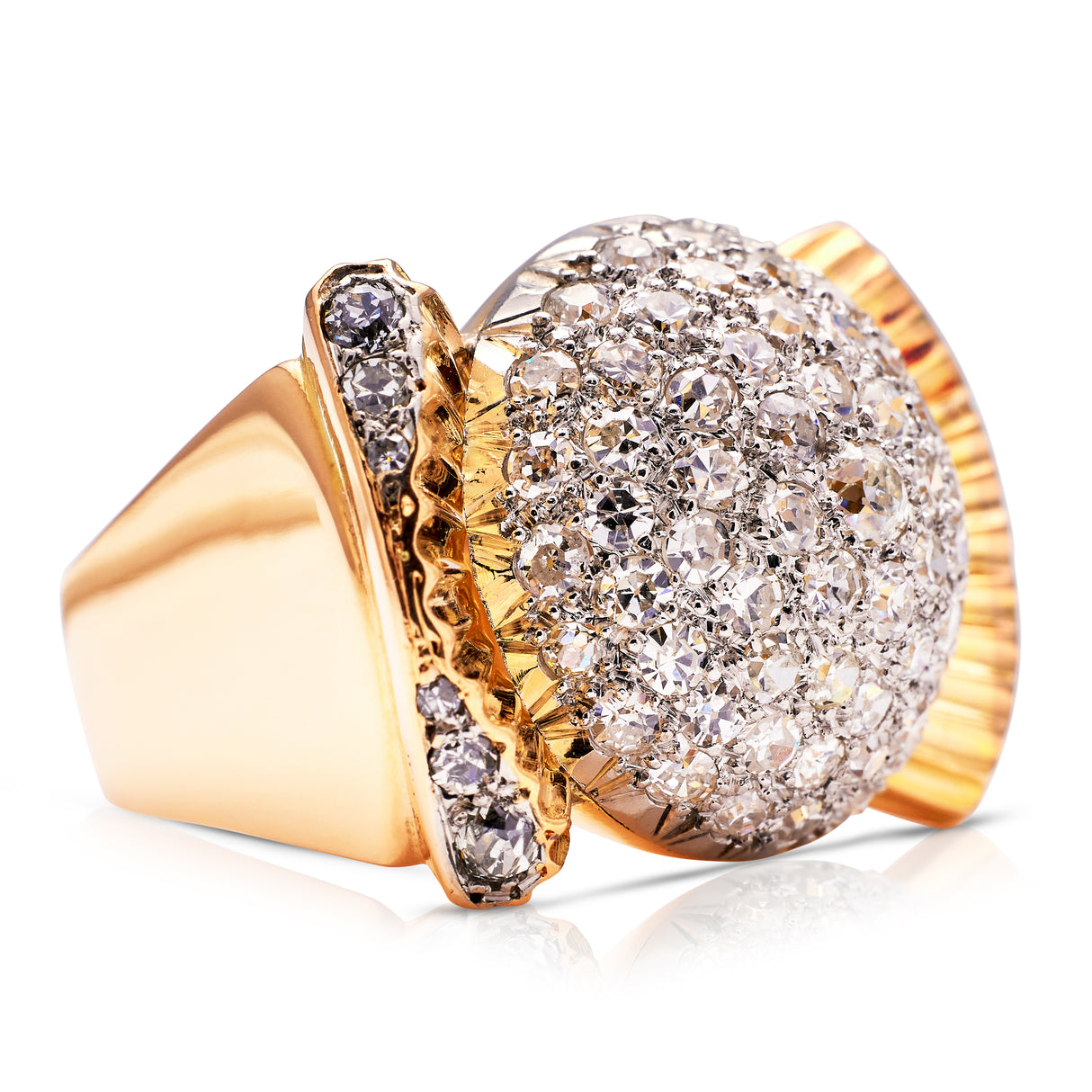 Cartier diamond bombe ring, side view.