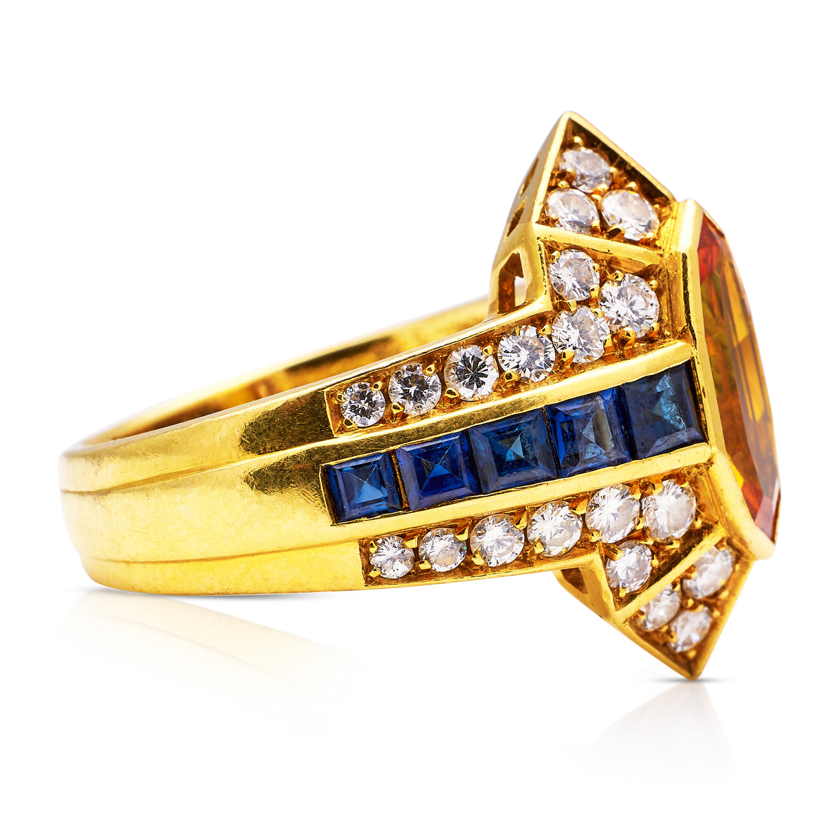 Vintage chaumet | orange sapphire, diamond and blue sapphire cocktail ring, signed