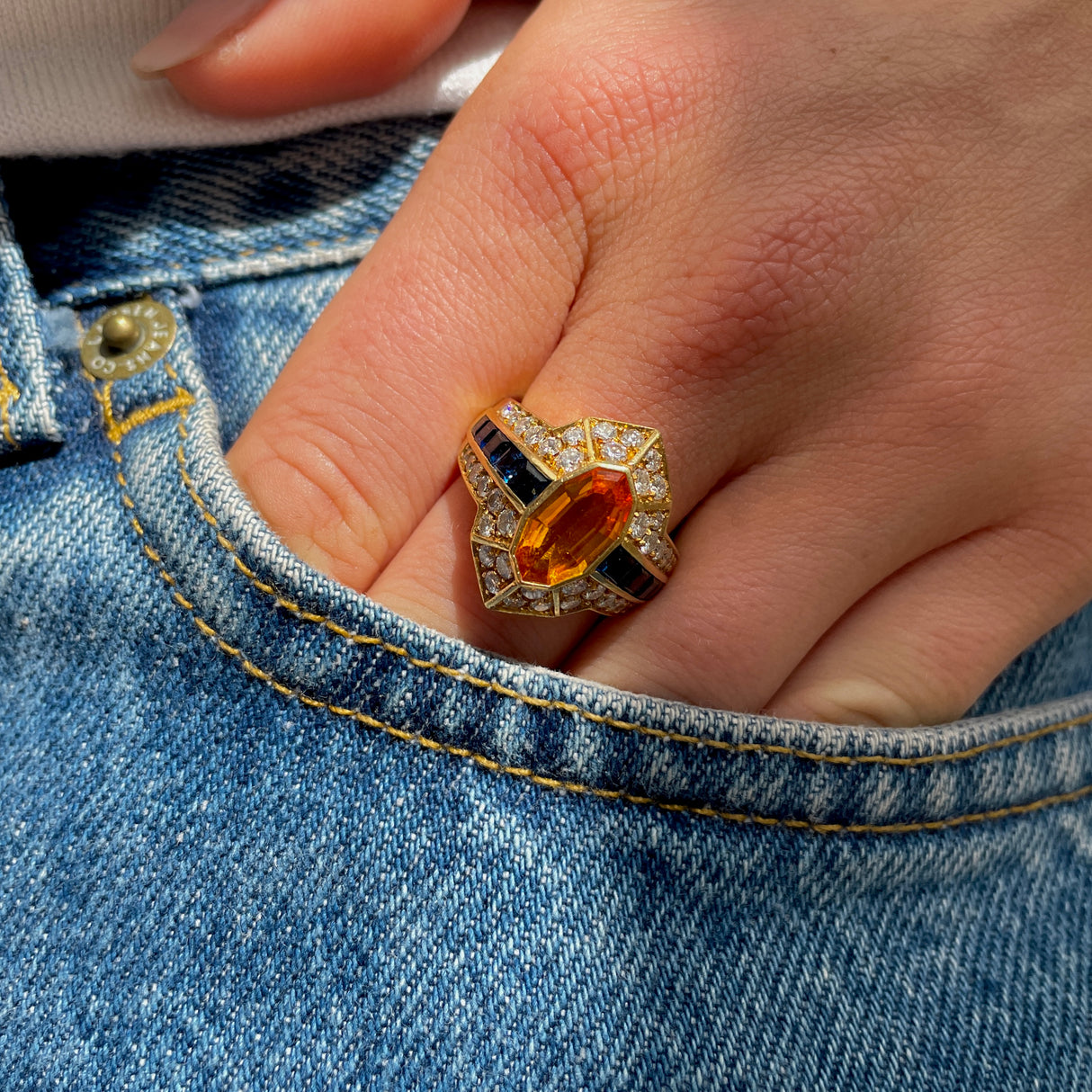 Vintage chaumet | orange sapphire, diamond and blue sapphire cocktail ring, signed