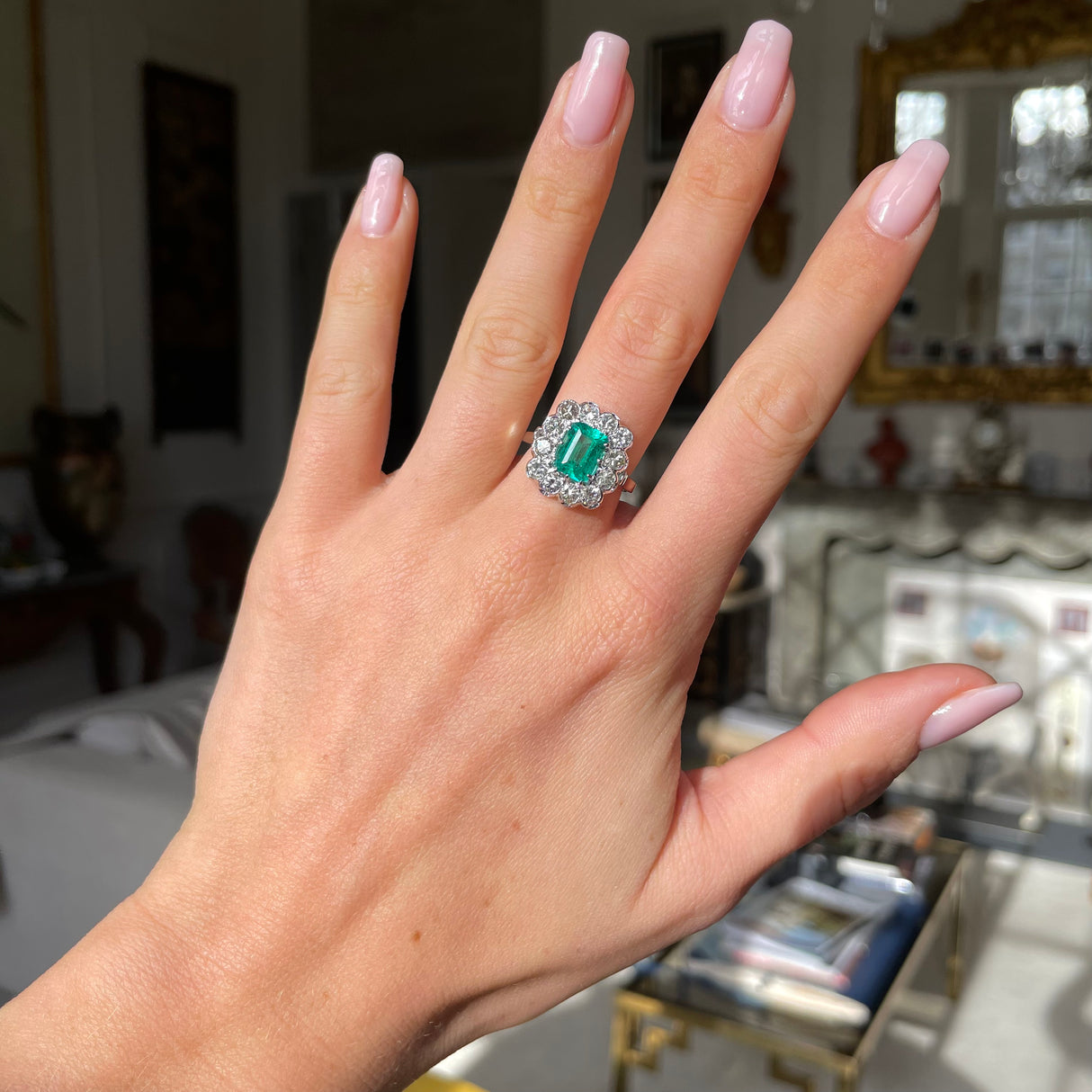 Engagement | 18ct white gold, Colombian emerald and diamond cluster ring