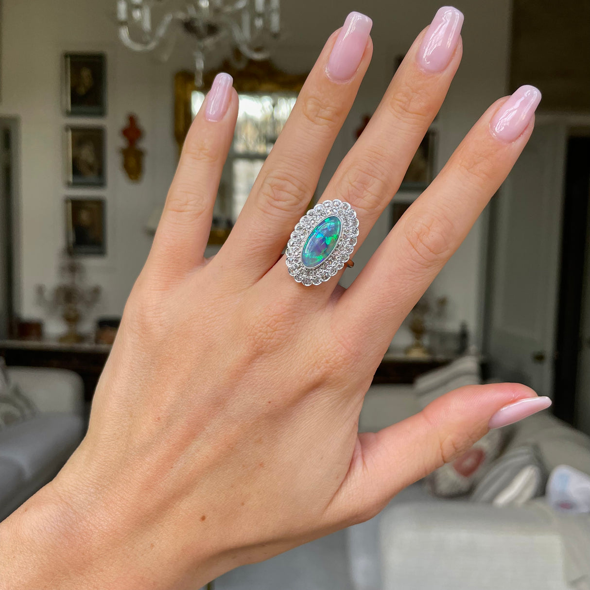 Vintage, Art Deco crystal opal & diamond cocktail ring