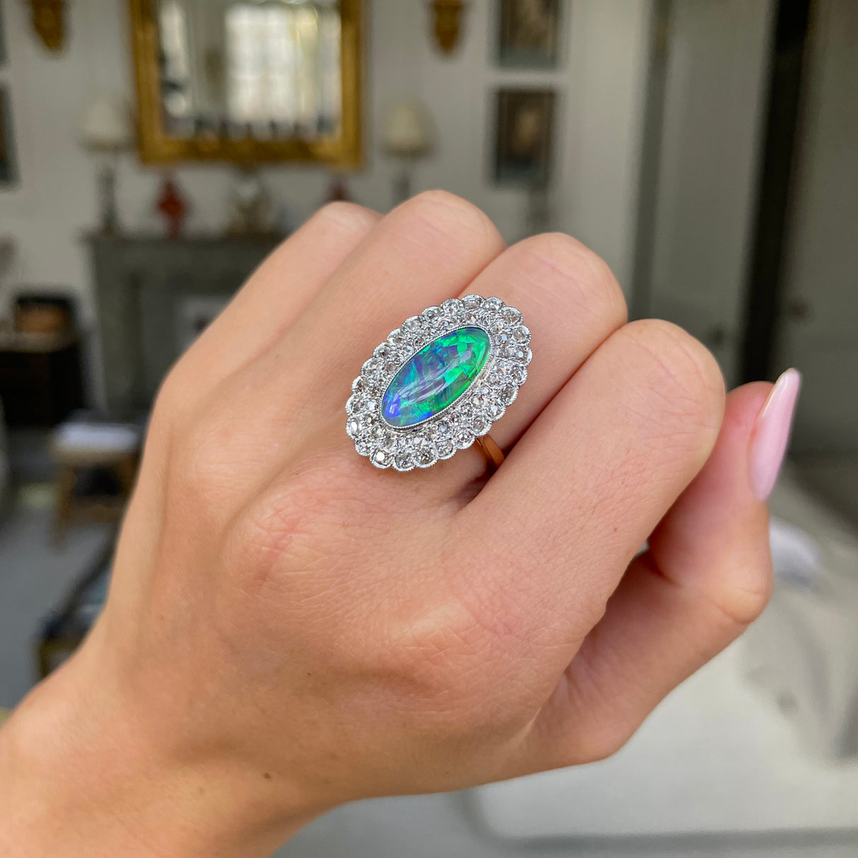 Vintage, Art Deco crystal opal & diamond cocktail ring