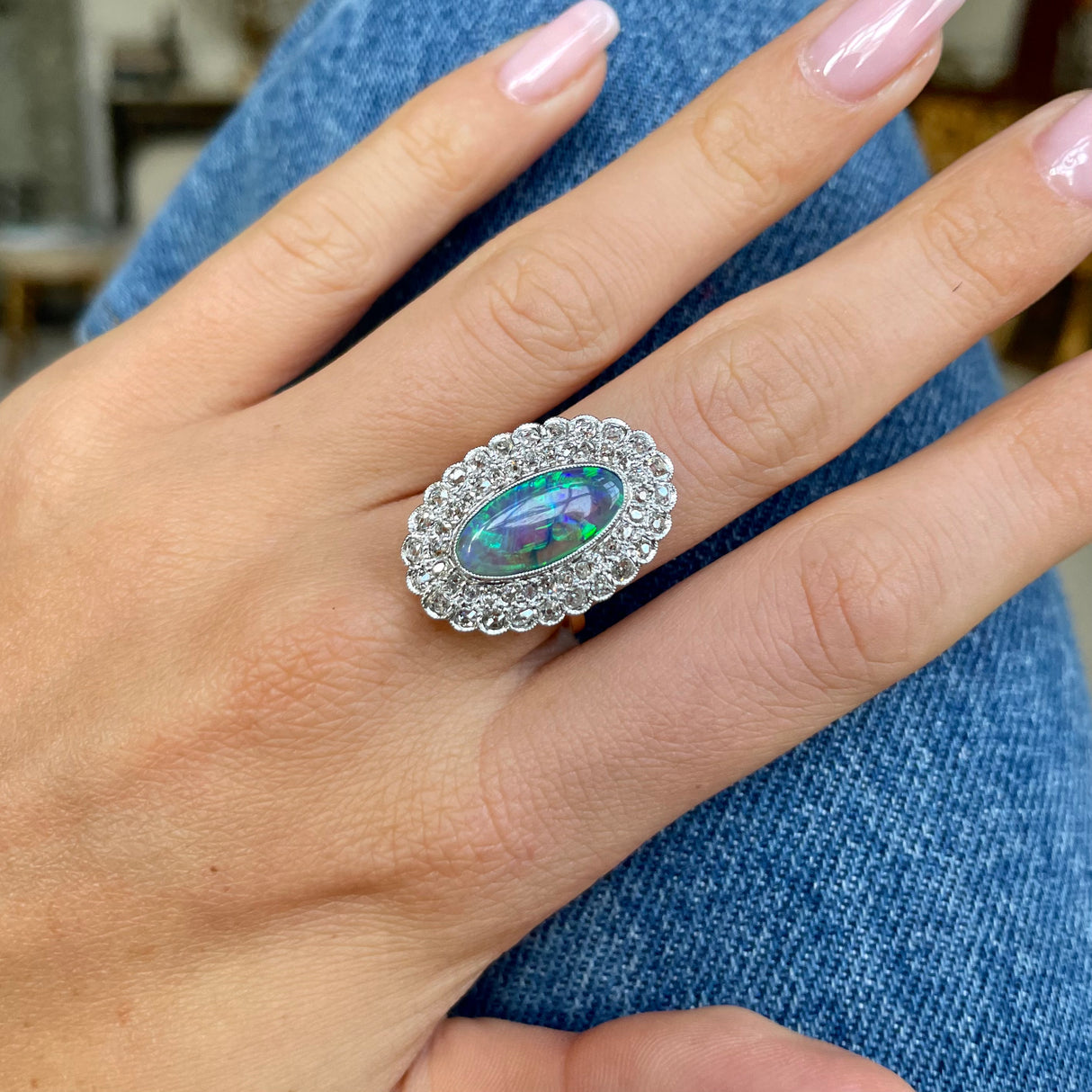 Vintage, Art Deco crystal opal & diamond cocktail ring