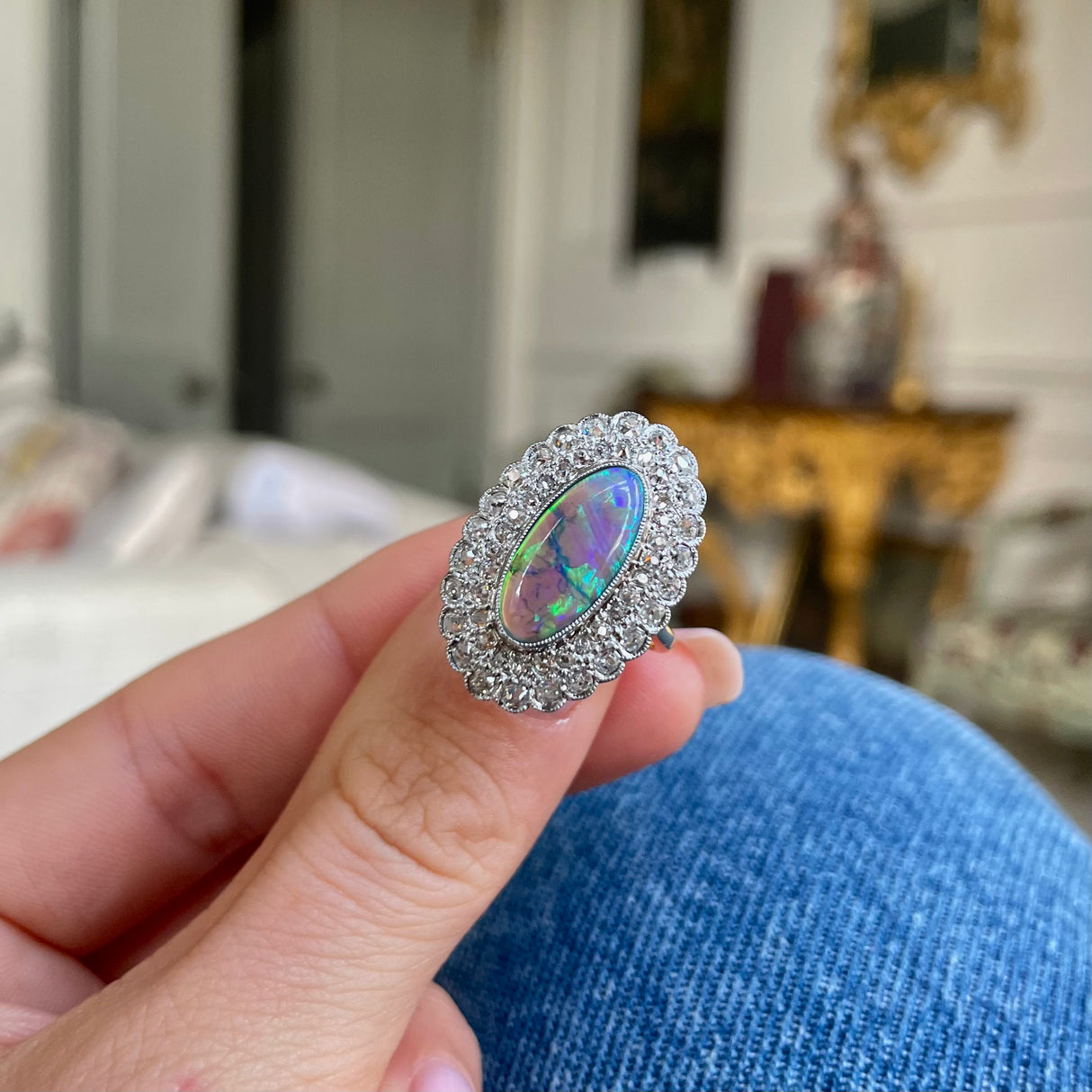 Vintage, Art Deco crystal opal & diamond cocktail ring