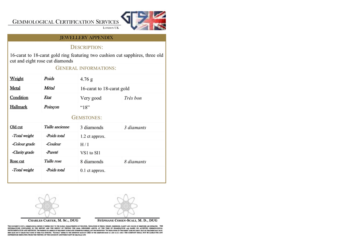 Victorian, 18ct gold, sapphire and diamond carved half hoop engagement ring