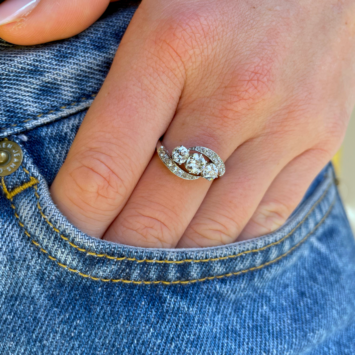 Antique, Edwardian, diamond three stone engagement ring, platinum