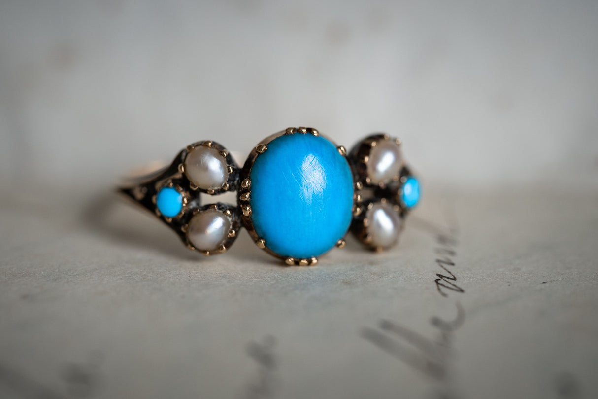 Georgian, 15ct gold, natural turquoise and pearl ring