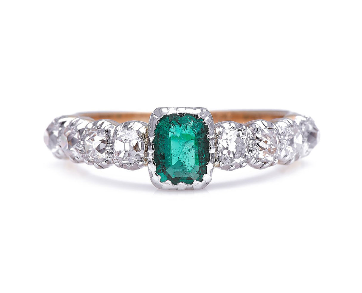 Early Victorian, 18ct gold, silver, emerald and diamond ring
