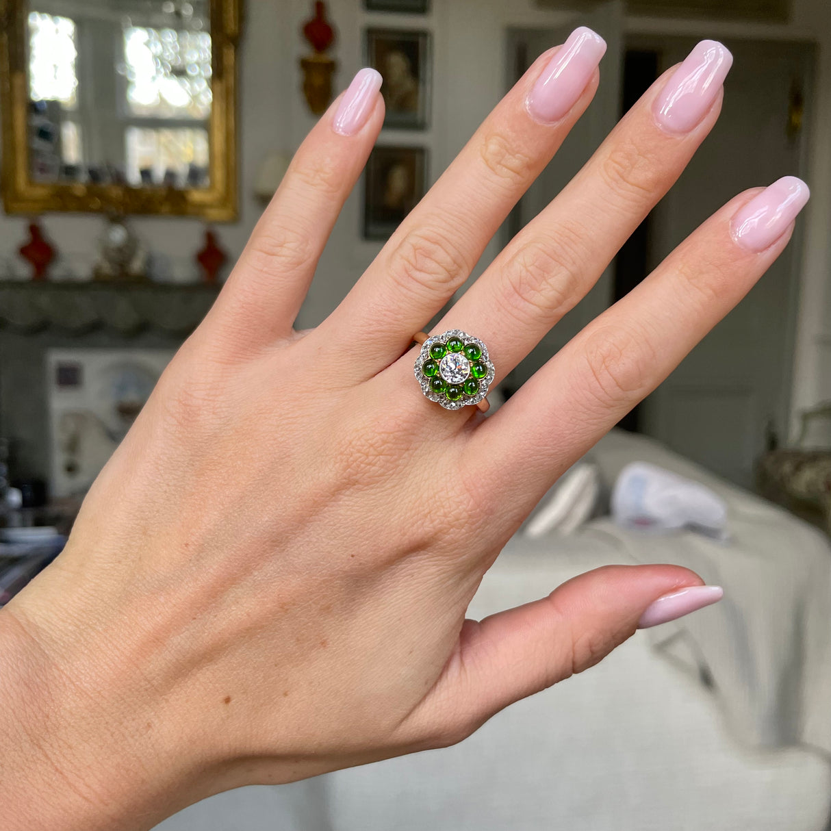 Edwardian, cabochon demantoid garnet & diamond ring