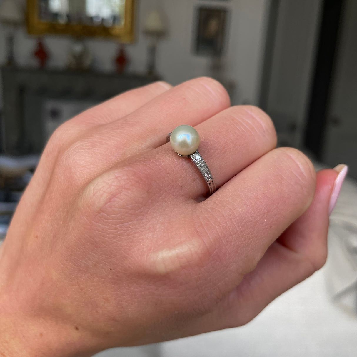 Edwardian, French, platinum, natural pearl & diamond ring