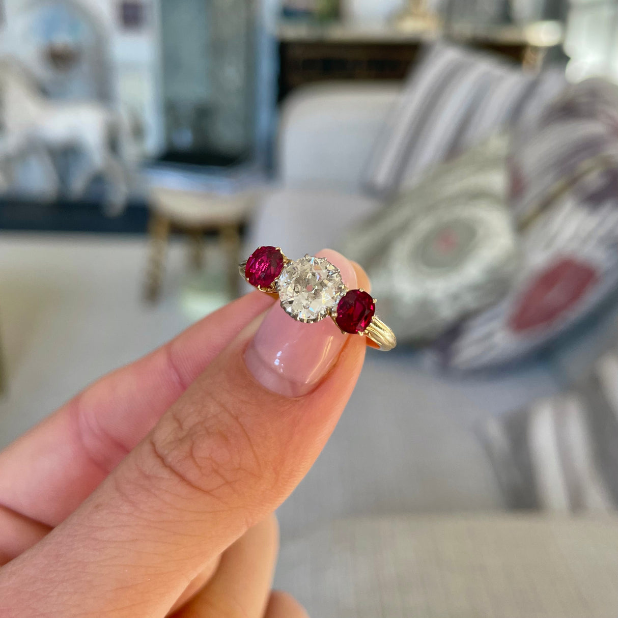 Edwardian, French, diamond & ruby three-stone ring