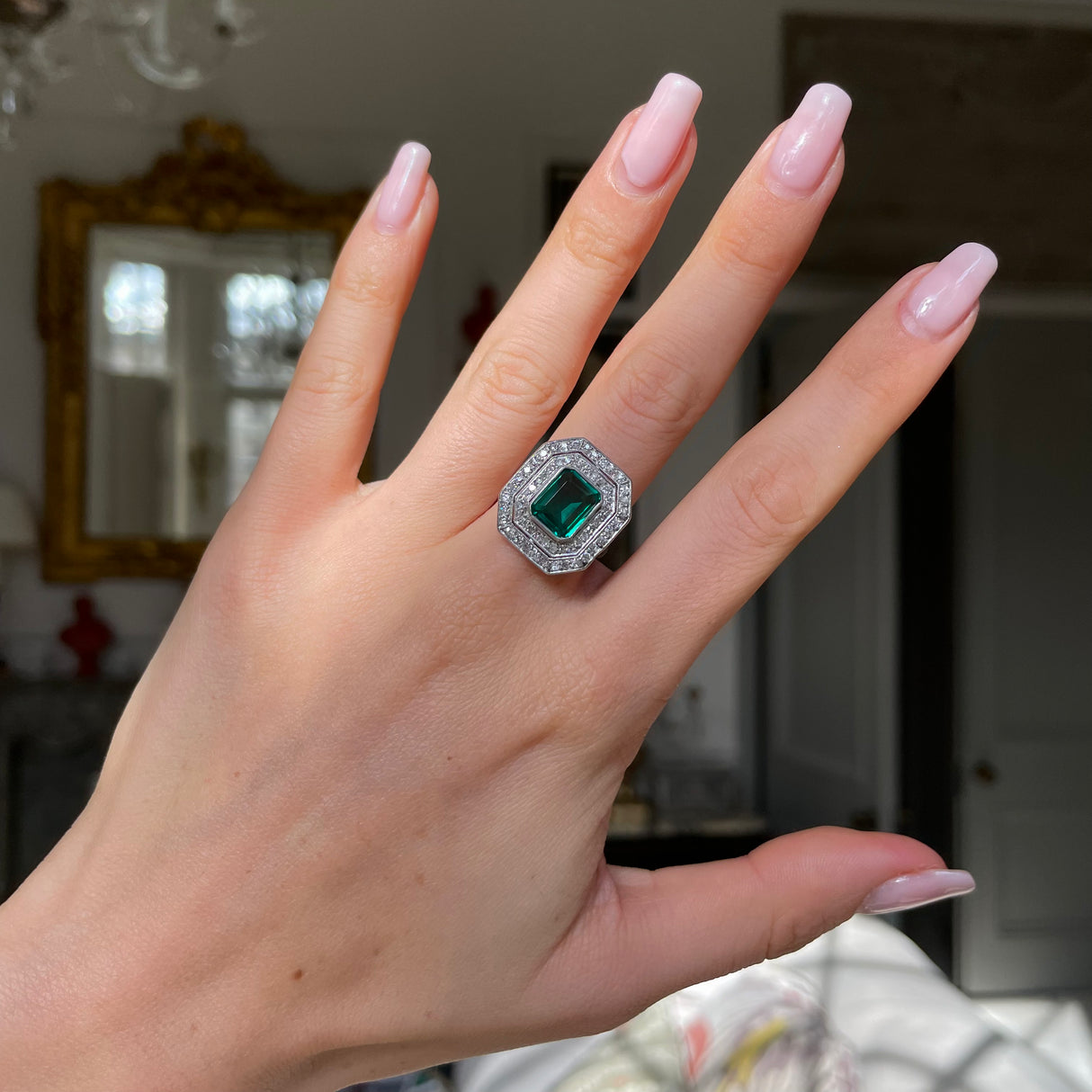 Antique, Edwardian, platinum, emerald and diamond cocktail ring