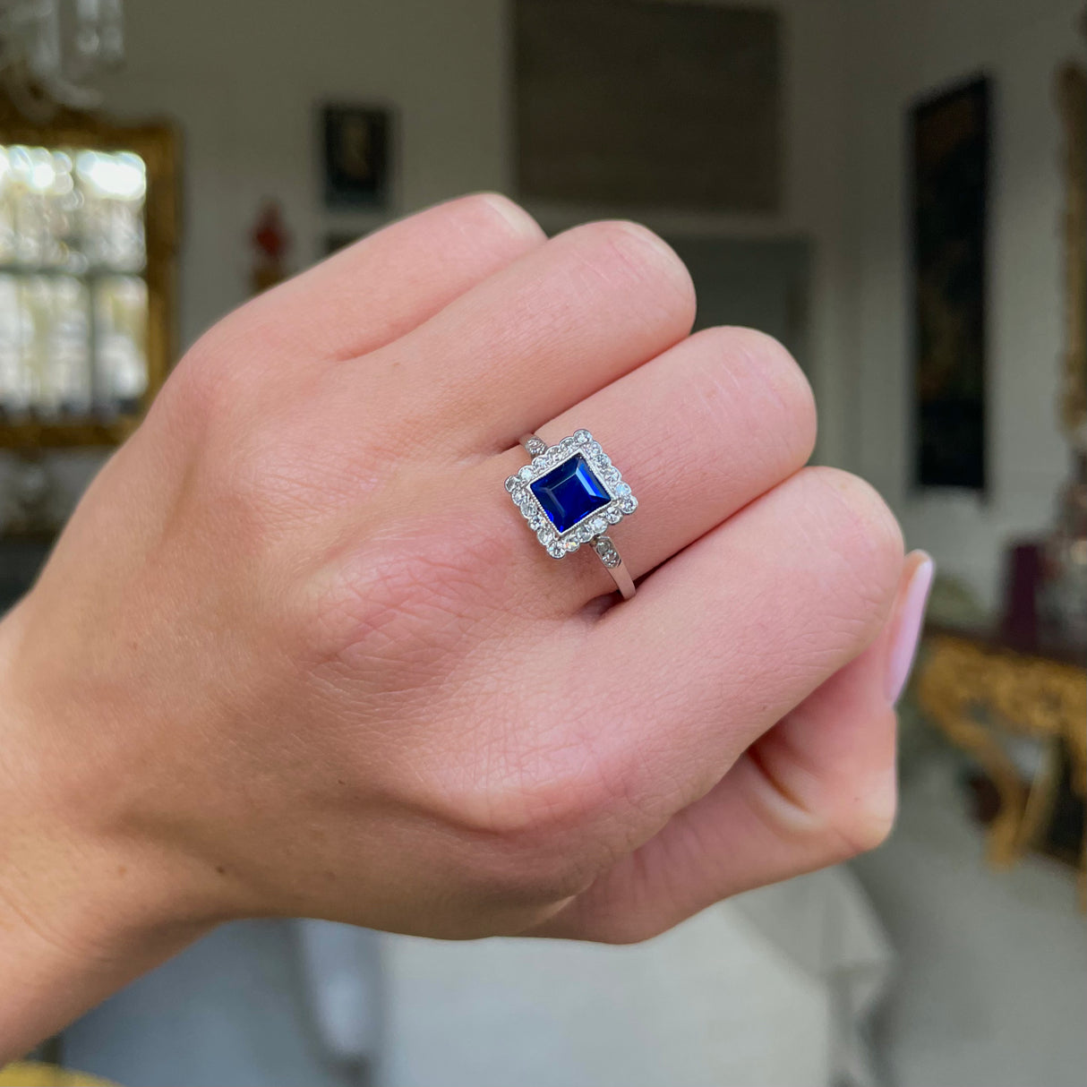 Edwardian royal blue sapphire & diamond engagement ring