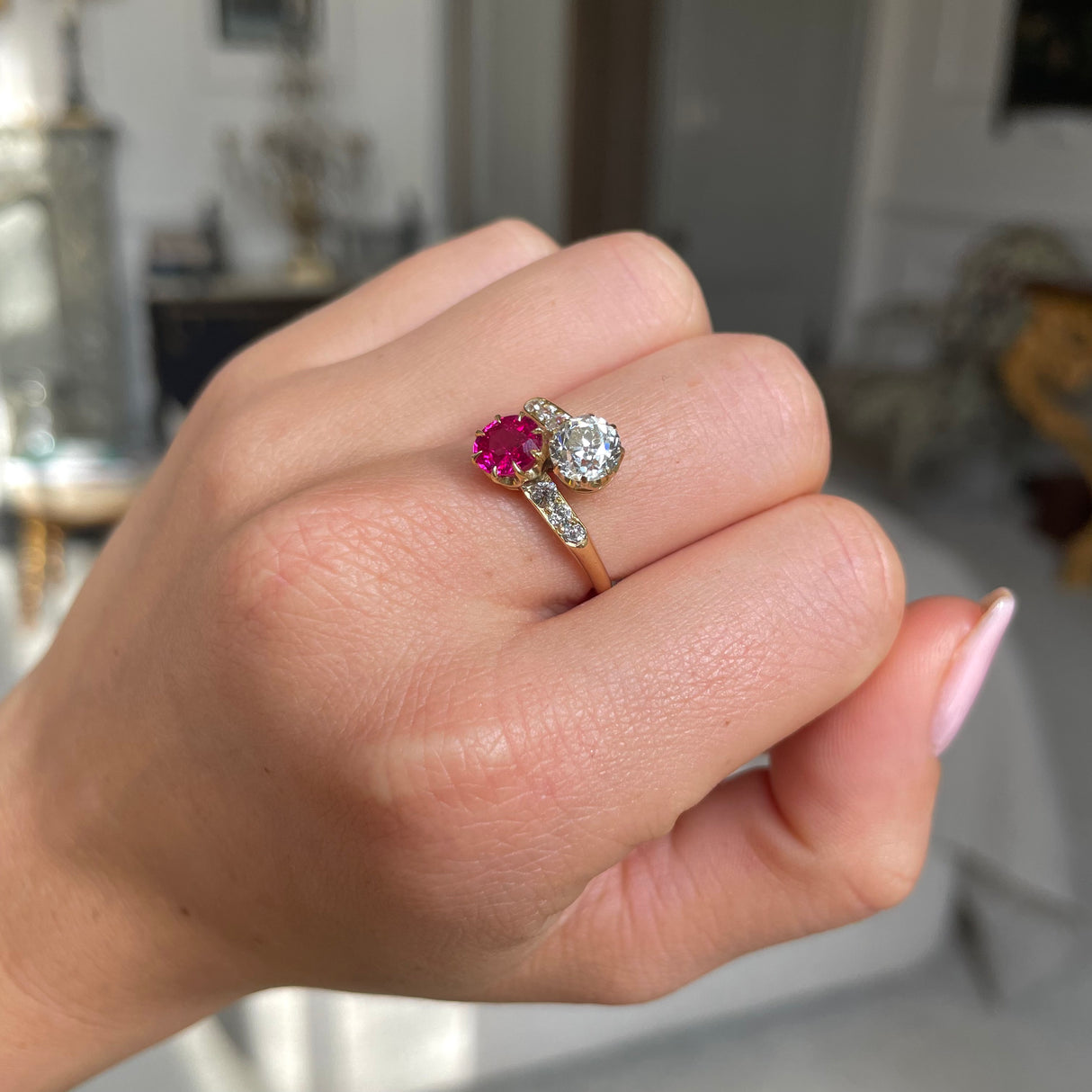 Antique, Edwardian Burmese ruby and diamond ring toi et moi engagement ring