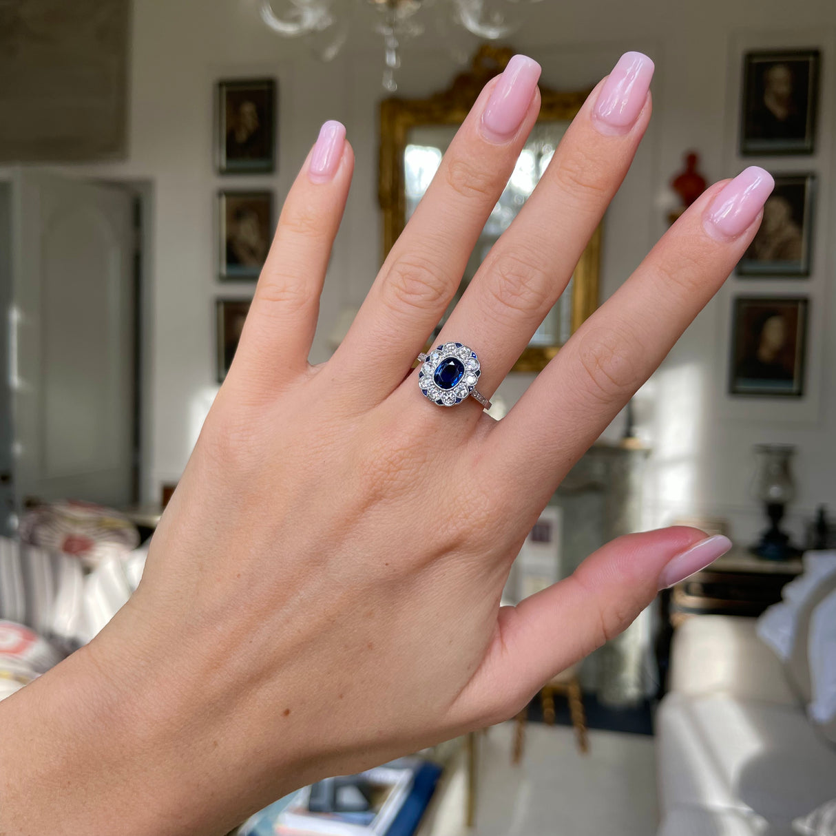 Antique French sapphire and diamond ring, platinum