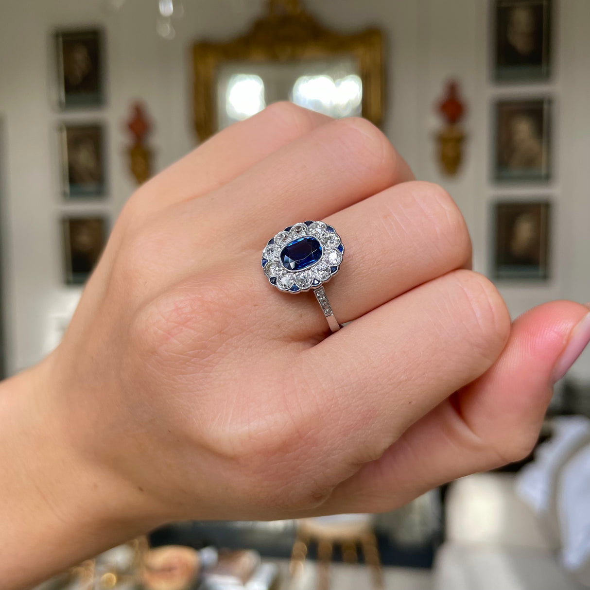 Antique French sapphire and diamond ring, platinum